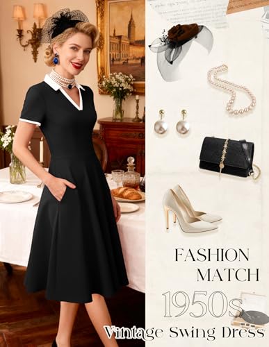 Image of Dressystar Women's 1950s Vintage Swing Dress Short Sleeve V Neck A Line Retro Rockabilly Cocktail Party Dresses With Pockets