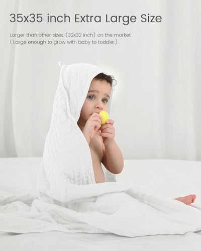 Image of 35x35 Inch 2 Pack 100% Muslin Cotton Baby Bath Towel, Hooded Baby Towels for Newborn, Soft Baby Beach Towels with Hood for Infants, Toddlers and Kids, Essentials Must Haves Dusty Pink+ White