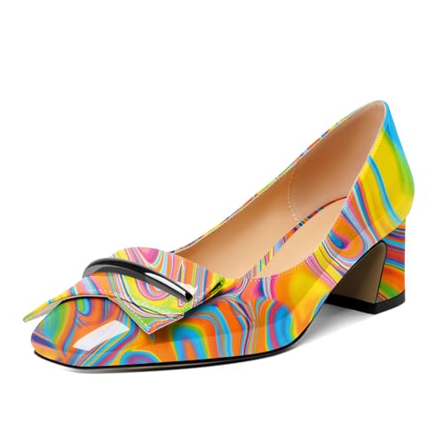 Joseywade Block Chunky Heels for Women Closed Square Toe Low Heel Pump Slip On 2 Inches Comfortable Shoes for Party Prom Dress with Bow Patent Multicolor Heat US Size 7
