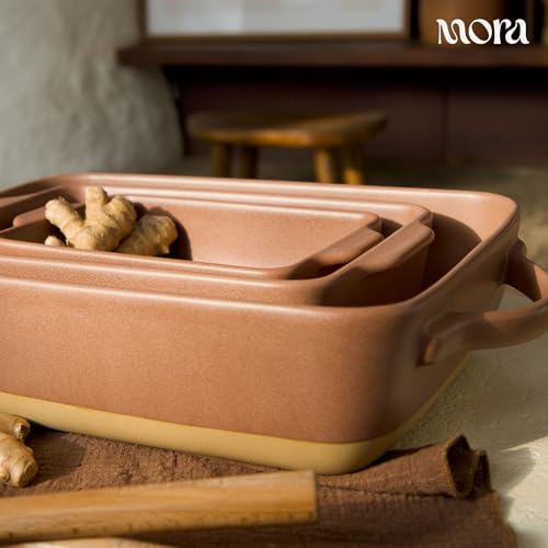 Image of Mora Ceramic Set of 2 Baking Dishes For Casserole, Banana Bread, Brownies, Broiling, Roasting, and Baking. 7x11 in and Loaf Pans - Porcelain Serving Bakeware from Oven to Table. Freezer Safe - Teracotta