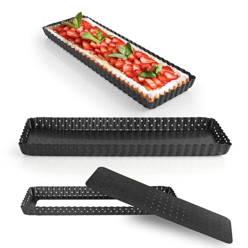 2 Pack Rectangle Perforated Quiche Tin with Loose Base 14 Inch, Non-Stick Long Perforated Flan Tins for Baking Fluted, Crispy Perforated Rectangular Tart Tin with Removable Bottom Oven Pie Dish