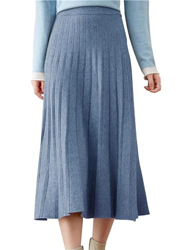 Beralst Women Pleated Knit Skirt, High Waist A-Line Office Work Stretchy Soft Knitted Midi Skirt, Blue, Medium