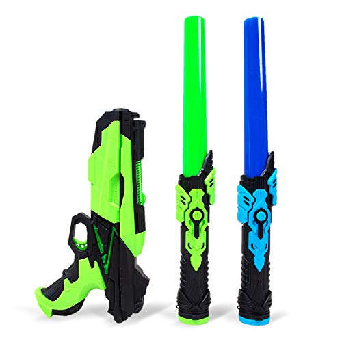 Boley Light Swords & Space Blaster - 3 Pack Blue and Green Light-Up Plastic Toy Gun and Toy Swords for Boys and Girls - Kids Sword and Gun Set