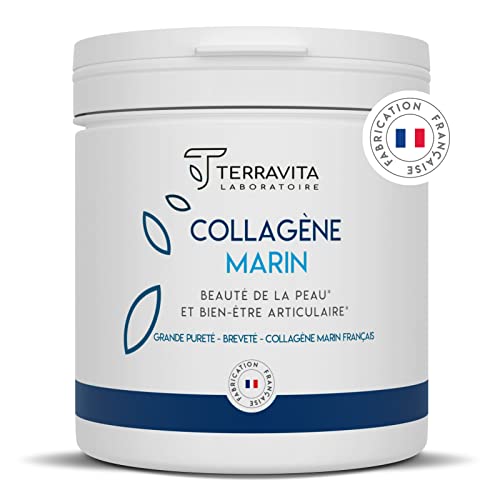 COLLAGÈNE MARIN Breveté en Poudre + Vit C | 250 Grammes de Peptides de Collagène Purs de Type 1 | Articulations Souples, Peau Lisse et Hydratée | Goût Neutre | Filière 100% Française | Terravita