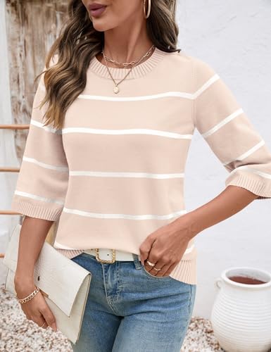 LOMON Womens Sweaters Casual Fall 2025 Crew Neck Striped 3/4 Sleeve Lightweight Knit Trendy Pullover Sweater Tops S-XL3