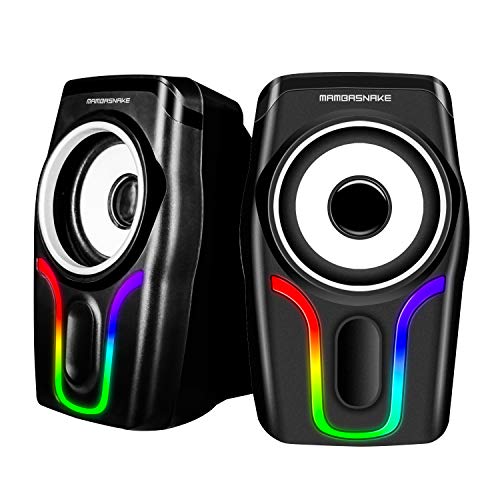 MAMBASNAKE Computer Speakers, 2.0 USB Powered PC Speakers Stereo Volume Control, 6 RGB LED Backlit Effect, Wired Mini Portable Gaming Speakers with 3.5mm for Desktop Computer/PC/Laptops (Black)