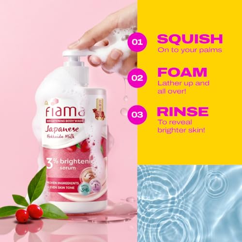 Image of Fiama 3% Brightening Serum Body Wash 250ml | 2% Niacinamide, 1% Glycolic Acid, Omega 3 & 6 Fatty Acids Shower Gel, Fights Dullness & Evens Skin tone | Exotic Japanese Hokkaido Milk, Raspberry Smoothie Fragrance