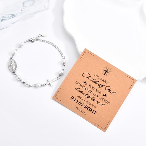 Pearl Cross Charm Bracelet for Girls, Baptism First Holy Communion Confirmation Easter Gifts for Teens Girls Kids, Catholic Religious Christian Jewelry for Goddaughter3
