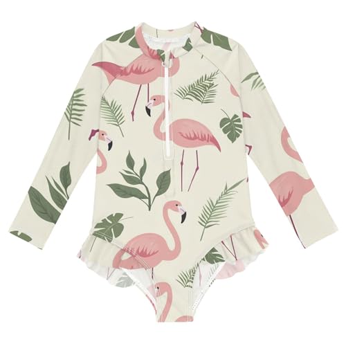 Girls One Piece Swimsuits Long Sleeve Swimsuit Zipper Bathing Suits Flamingo Palm Leaves Tropical