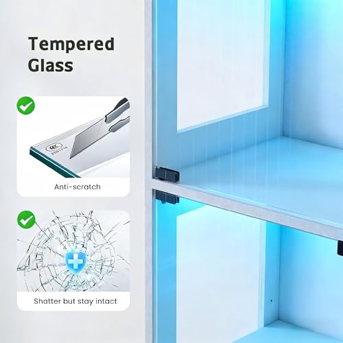 Image of Lamtor 67 inch Display Cabinet with Glass Doors and 1 Drawer | White | RGB LED Lights, Pop-Up Glass Doors, Adjustable Shelves, Anti-Tip Design