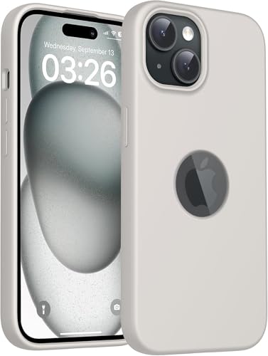 Image of VONZEE Microfiber Logo Cut Cover Compatible for iPhone 15 Plus Case Liquid Silicone Cases Full Body 4 Layer Protective Covers Shockproof Back Cover with High Raised Camera Lips (6.7 inch, Stone Grey)