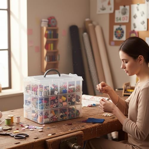 Image of Guyuyii 3-Tier Stackable Bead Organizer with Adjustable Dividers and Handle | Portable Storage Case for Craft, Sewing, Jewelry Making | Compatible with Beads, Embroidery Floss, Washi Tape, Lego Pieces