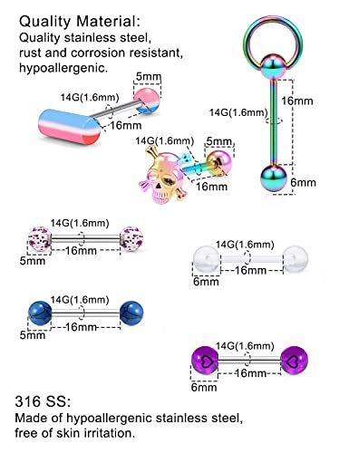 22Pcs Assorted Styles 14G Tongue Rings Stainless Steel Tongue Piercing Barbells Long Tounge Piercing Jewelry for Women Men2