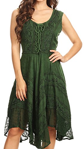 Image of Sakkas Sundara Stonewashed Rayon Embroidered Mid Length Dress