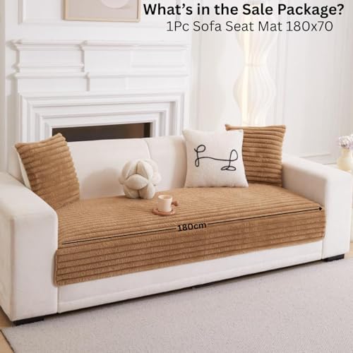 Image of HOMETHREADS 600GSM Thick & Soft Rabbit Fur Plush Sofa Cover-Luxurious Cozy Slipcover, Washable & Pet-Friendly, Anti-Scratch Protector for Sofas (Faux Linning Brown, 3 Seater | 180x70cm)