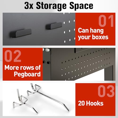 Image of 48 inch Workbench with Drawers, Work Benches for Garage with Strip Light, Adjustable Work Table with Large Pegboard, 2000 LBS Heavy Duty Table with Power Outlet Rubber Wood for Garage