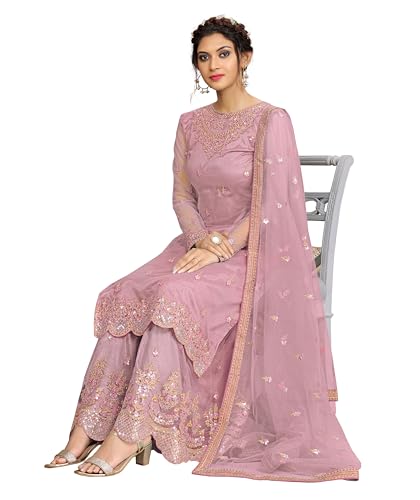 Image of TRENDMALLS Women's Net Embroidery Salwar Suit Kurta Sharara Set with Dupatta Skyblue