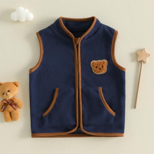 Image of Toddler Baby Boy Fleece Outerwear Vests Sleeveless Zipper Jacket Solid Color Vest Coat Spring Fall Winter Clothes