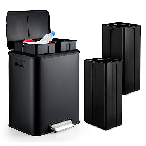 Image of GlowSol Black Kitchen Dual Step Trash Can & Recycle Bin with Soft Close Lid, Touchless Trash Can with Foot Pedal and Inner Bucket, Garbage Bin Kitchen - 8 Gall