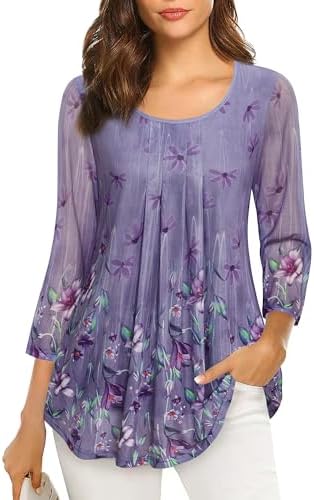 VALOLIA Women's 3/4 Sleeve Tunic Tops Casual Loose Fit Floral Blouses Mesh Pleated Layered Shirt