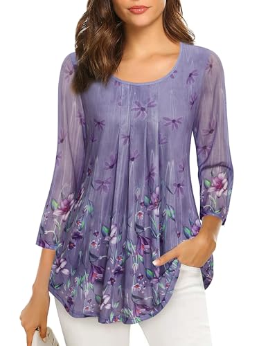 VALOLIA Tunic Tops for Women Loose Fit, 3/4 Sleeve Swing Blouses, Casual Elegant Dressy Evening Party Tops, Purple XXXL