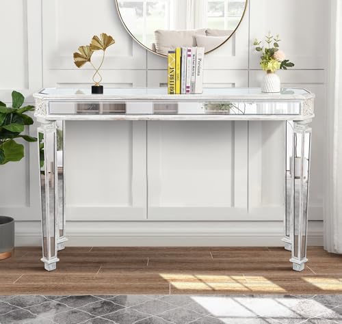 Maotifeys 48-Inch Mirrored Console Table Modern Glam Silver Entryway Table with Vintage Natural Carved Edge Glass Mirror Console Tables for Living Room Hallway