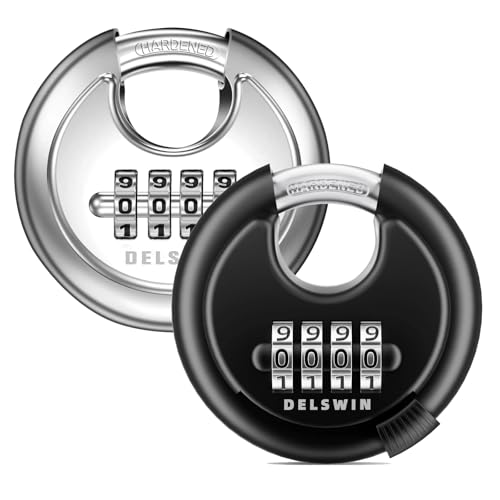 Image of DELSWIN 4-Digit Disc Combination Lock Outdoor - Heavy Duty Combination Padlocks with Hardened Steel Shackle Weatherproof Combo Locks for Gates,Sheds,Fence,Storage Unit (3 /8 inch Shackle, Black and Silver)