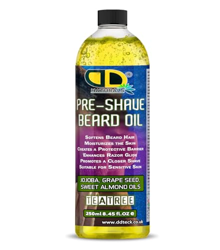 Image of Pre-Shave Beard Oil with Tea Tree – Soothes Sensitive Skin, Softens Hair, Enhances Razor Glide & Reduces Tug & Irritation – Natural Jojoba, Grapeseed & Sweet Almond Oils (250ml)