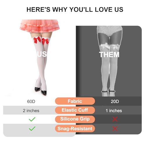 Image of Women's Satin Bows Thigh High Stockings Hold-ups Snag-Resistant Knee High Long Socks