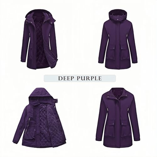 Weste Hundesport Damen Leichte Anorakjacke für Damen, Winddicht, wasserabweisend, Langer Mantel mit Kapuze und Taschen für den täglichen Gebrauch, Outdoor-Wandern Puffärmel (Purple, XXL)