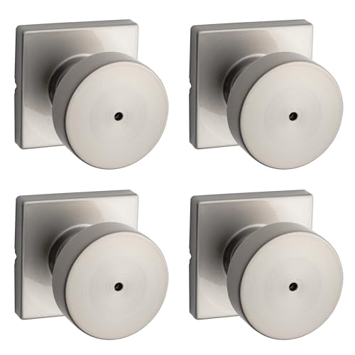 Image of Kwikset Pismo Interior Square Privacy Door Knob with Lock, Door Handle for Bathroom and Bedroom, Satin Nickel Keyless Push Button Lock Doorknob