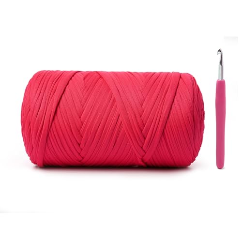 Image of Soft Tshirt Crochet Yarn, 400g /114yds High Elastic Hand Knitting Yarns, Thick T Shirt Yarn for Crocheting Bags, Baskets, Cushions, DIY Crafts(Rose)