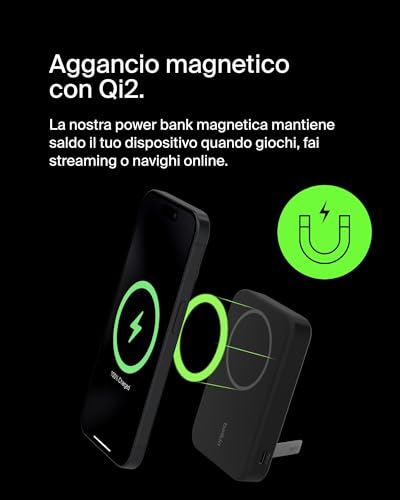 Belkin BoostCharge Pro Power bank wireless 8.000 mAh con Qi2, caricabatteria portatile compatibile con MagSafe, supporto integrato per iPhone 16, 16 Plus, 16 Pro, 16 Pro Max, iPhone 15 e altri, nero - Immagine 4