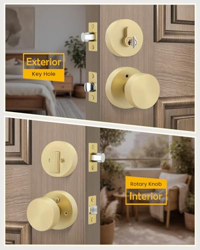 Image of Goldenwarm Gold Door Knobs with Deadbolt, Zinc Alloy Exterior Front Door Knobs and Single Cylinder Deadbolt, Matte Black Front Door Locks Set (2 Pack)