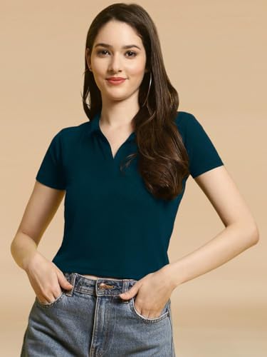 Image of Pinkmint Women's Solid Cotton Collar Neck Top ll Lycra Crop Tank T-Shirt ll Korean Trendy Half Sleeve ll Stylish Collared T-Shirt (Pack of 1)