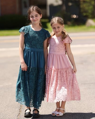 Rolanko Girls Boho Lace Dresses, Ruffle Sleeve Tiered Flower Girl Maxi Dress with Lining for Wedding Party4