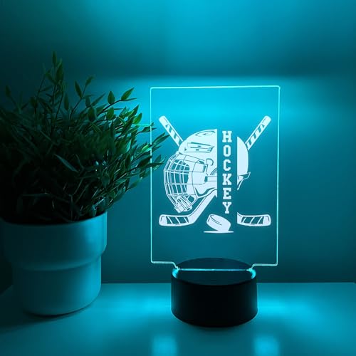 MIRROR MANIA Hockey Player Fan Team Helmet, Sticks, Puck Gear Sports Night Light Up Table Desk Lamp LED Room Decor Featuring16 Colors Options, Hockey Themed Birthday Gift - Made in America