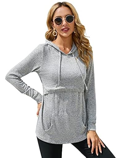 Sosolism Sudadera de lactancia con capucha para mujer de manga larga Tops de maternidad de lactancia con bolsillos Jersey, gris luminoso (ral 7035), S | Ya disponible en tu tienda friki favorita! En mundofriki.es!