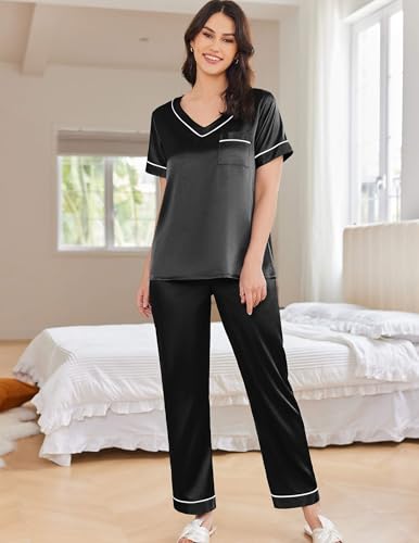 Image of Ekouaer Satin Pajamas for Women Short Sleeve Silk Pajama Sets Soft Sleepwear Top with Causal Long Pj Pant