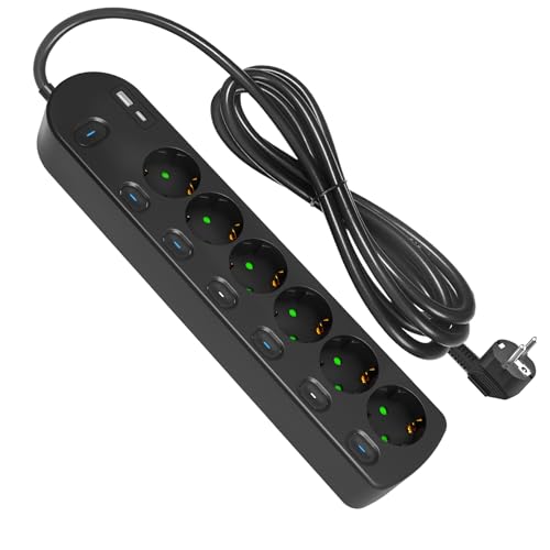KS Steckdosenleiste 6 Fach Mehrfachsteckdose einzeln schaltbar Steckdosen 2 USB-Anschlüsse 3680W/16A Steckerleiste 2m Verlängerungskabel für Büro