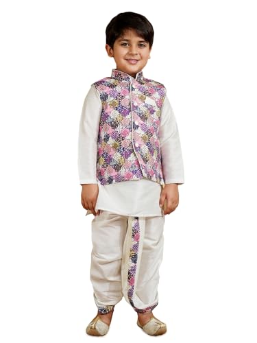 Image of AJ DEZINES Kids Silk Blend Full Sleeve Embroidered Dhoti Kurta Set for Boys - Ethnic wear | Traditional & Festival Wear|Waistcoat for boys - Regular Fit