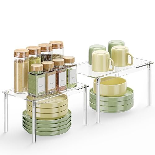 Delamu Cabinet Shelves, Clear Stackable Acrylic Storage Risers with Heavy