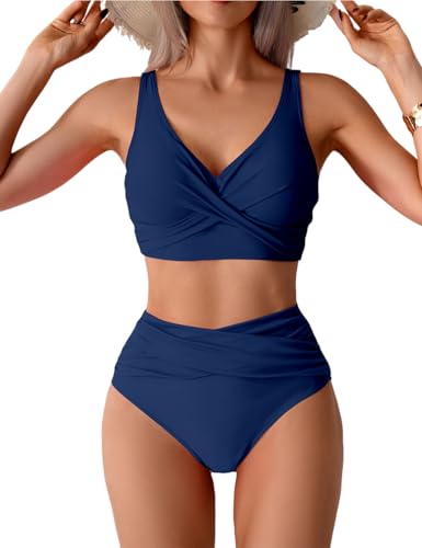Tainehs Women's Two Piece Bikini Sets Cross Front V Neck High Waisted Tummy Control Bathing Suit Deep Blue