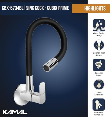 Image of KAMAL Flexible Sink Tap Cubix Prime | with 360 Degree Flexible Silicone spout | Single Flow Bubble Aerator | Black & Chrome Bib Tap Faucet (Wall Mount Installation Type)