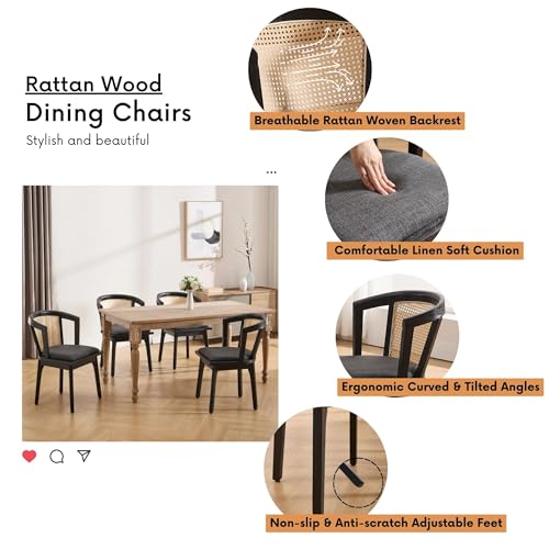 Image of BESTANO Black Rattan Dining Chairs Set of 2, Mid Century Modern Farmhouse Wood Dining Room Chairs, Upholstered Comfortable Kitchen Dining Side Chair with Cane Woven Back, Charcoal Linen