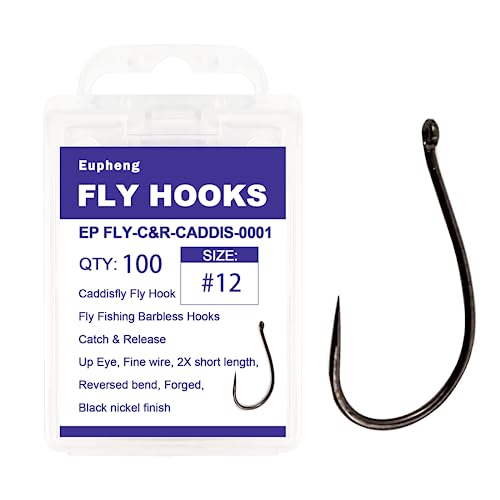 Eupheng Fly Fishing Hooks 100pc Pack Barbless Catch & Release Dry Wet Nymph Shrimp&Pupa, Streamer, Caddis, Jig, Scud Flies Fishing Hooks