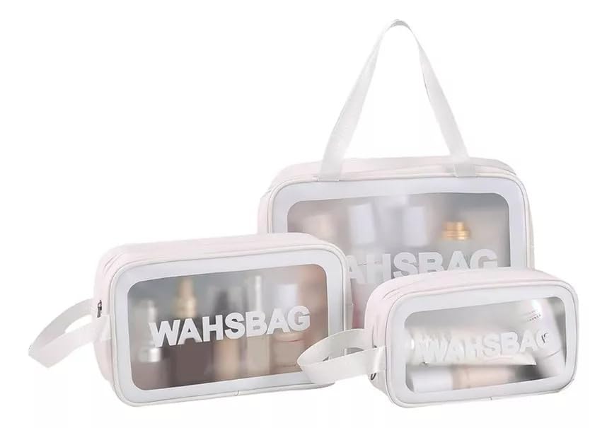 Kit 3 Necessaire Feminina Viagem Praia PVC Impermeável Zíper Grande Espaçosa Bolsa Organizadora Cosméticos Lavável Durável Prática Estilo Blogueira Luxo (Branco)