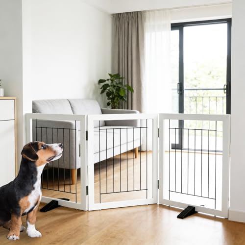 Dog Fence Indoor - 3-Panel Freestanding Dog Gate for Doorways Hallways House or Stairs -60x24-Inch Retractable Foldable Expandable Wood Pet by SFJC (White)