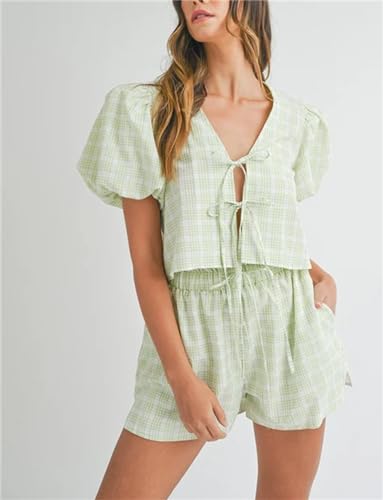 Image of Thopavenoir Women 2 Piece Casual Lounge Sets Y2k Puff Sleeve Peplum Shirt Tie Front Tee Shirt Shorts 2pcs Pajamas Sets