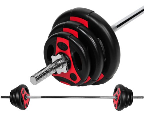 Bad Company Zestaw hantli I K-Grip tarcze do sztangi z tworzywa sztucznego (2 x 1,25 kg, 2 x 2,5 kg, 2 x 5 kg) z długą sztangą 30/31 mm I kompletny zestaw 26,5 kg